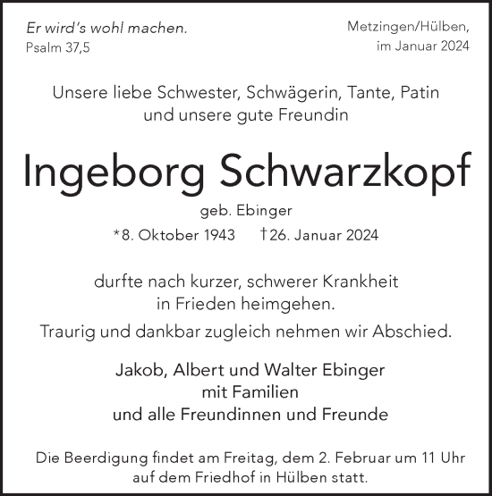 Traueranzeige von Ingeborg Schwarzkopf von SÜDWEST PRESSE/SÜDWEST PRESSE