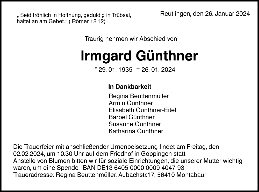  Traueranzeige für Irmgard Günthner vom 30.01.2024 aus NWZ Neue Württembergische Zeitung