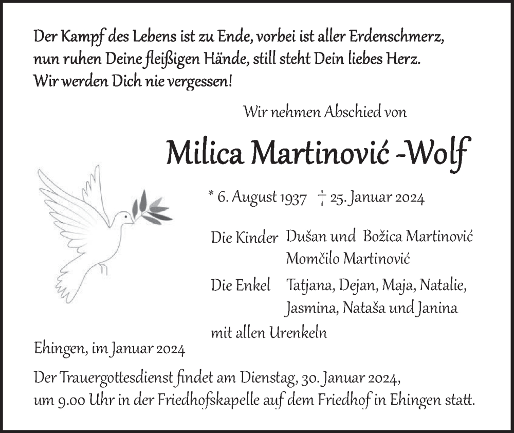  Traueranzeige für Milica Martinovic-Wolf vom 27.01.2024 aus Ehinger Tagblatt