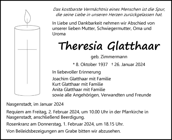 Traueranzeige von Theresia Glatthaar von Ehinger Tagblatt