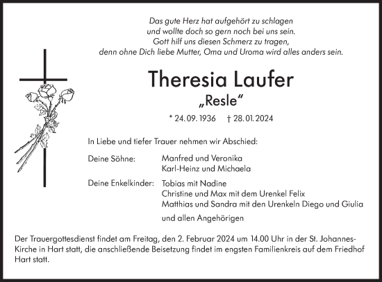 Traueranzeige von Theresia Laufer von Hohenzollerische Zeitung