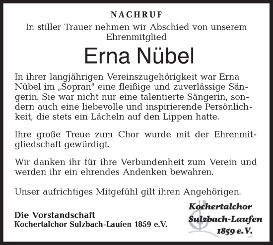 Traueranzeige von Erna Nübel von Rundschau Gaildorf