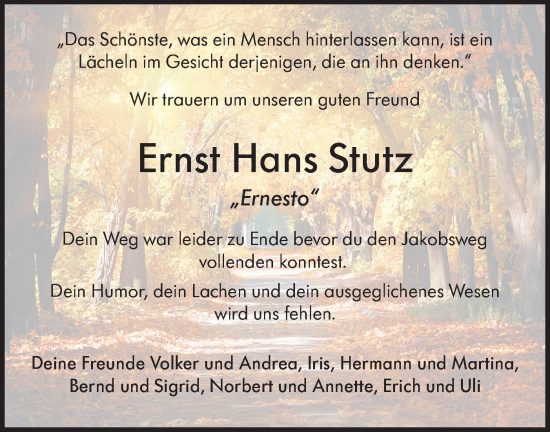Traueranzeige von Ernst Hans Stutz von Hohenloher Tagblatt