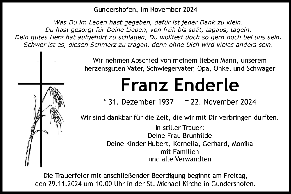  Traueranzeige für Franz Enderle vom 27.11.2024 aus Alb-Bote/Ehinger Tagblatt