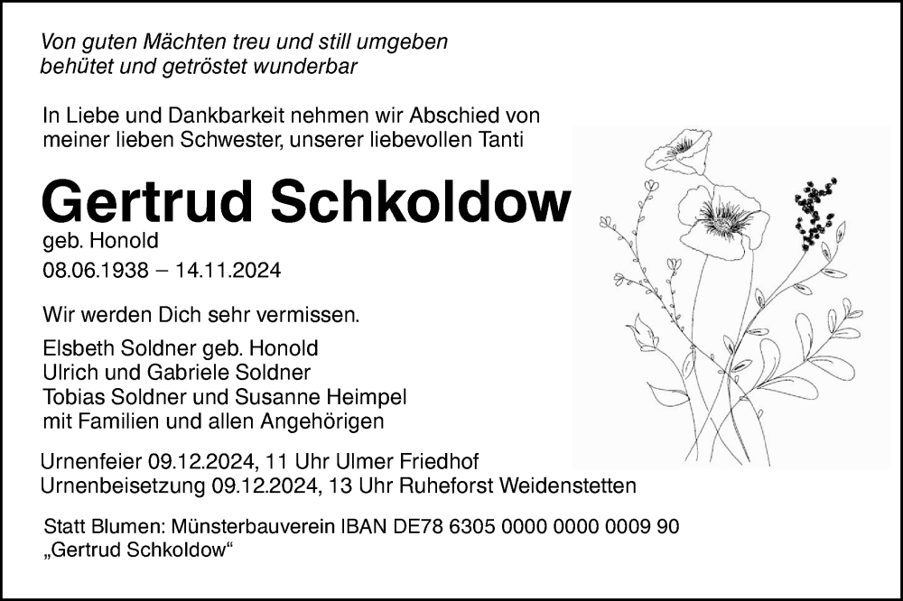  Traueranzeige für Gertrud Schkoldow vom 23.11.2024 aus SÜDWEST PRESSE Ausgabe Ulm/Neu-Ulm