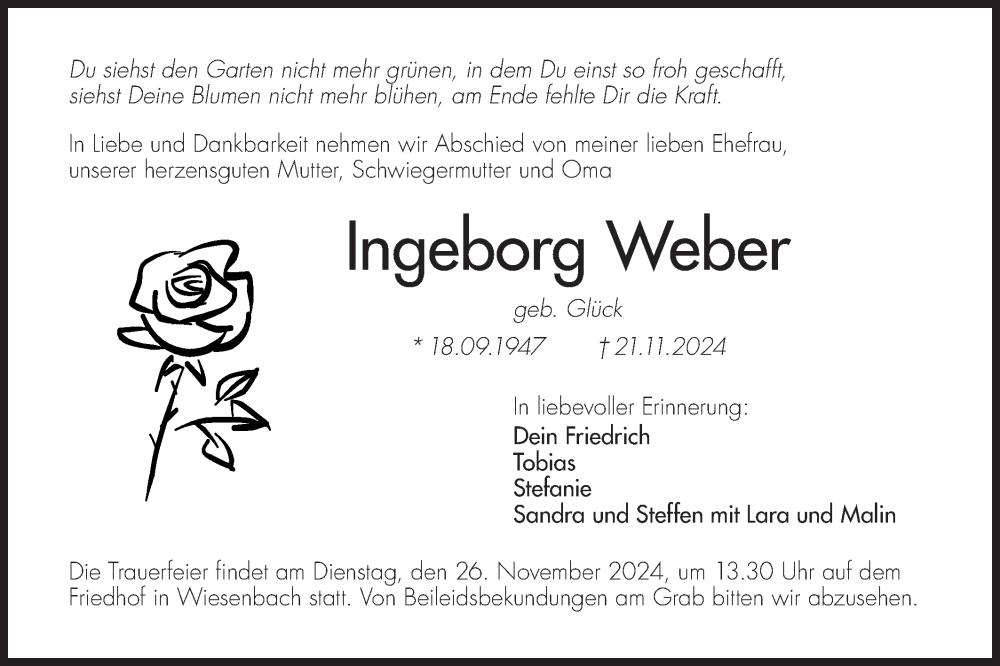  Traueranzeige für Ingeborg Weber vom 23.11.2024 aus Hohenloher Tagblatt