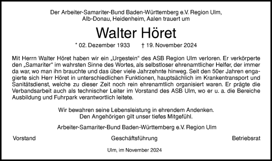 Traueranzeige von Walter Höret von SÜDWEST PRESSE Ausgabe Ulm/Neu-Ulm