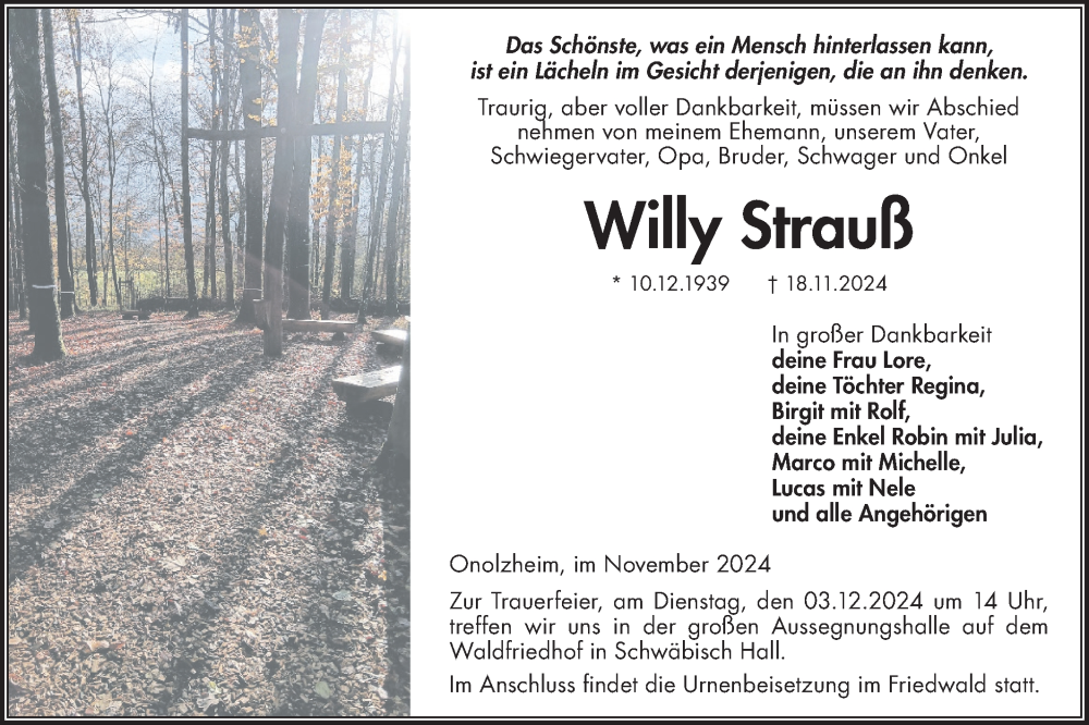  Traueranzeige für Willy Strauß vom 30.11.2024 aus Hohenloher Tagblatt