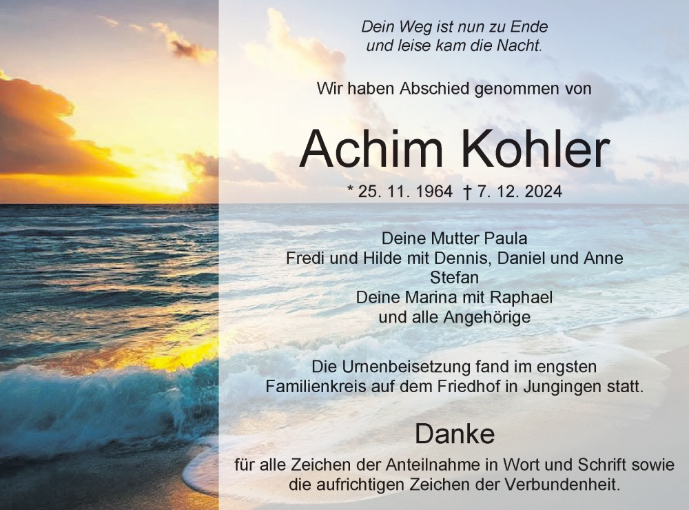  Traueranzeige für Achim Kohler vom 21.12.2024 aus SÜDWEST PRESSE Zollernalbkreis/Hohenzollerische Zeitung