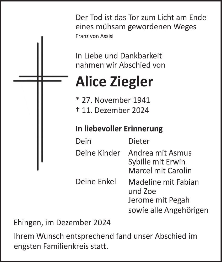  Traueranzeige für Alice Ziegler vom 21.12.2024 aus Ehinger Tagblatt