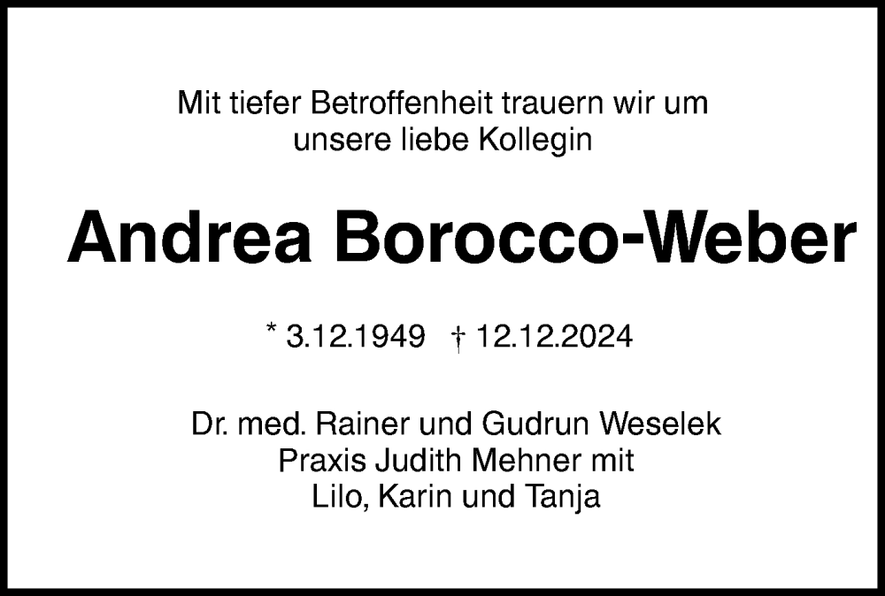  Traueranzeige für Andrea Borocco-Weber vom 17.12.2024 aus NWZ Neue Württembergische Zeitung