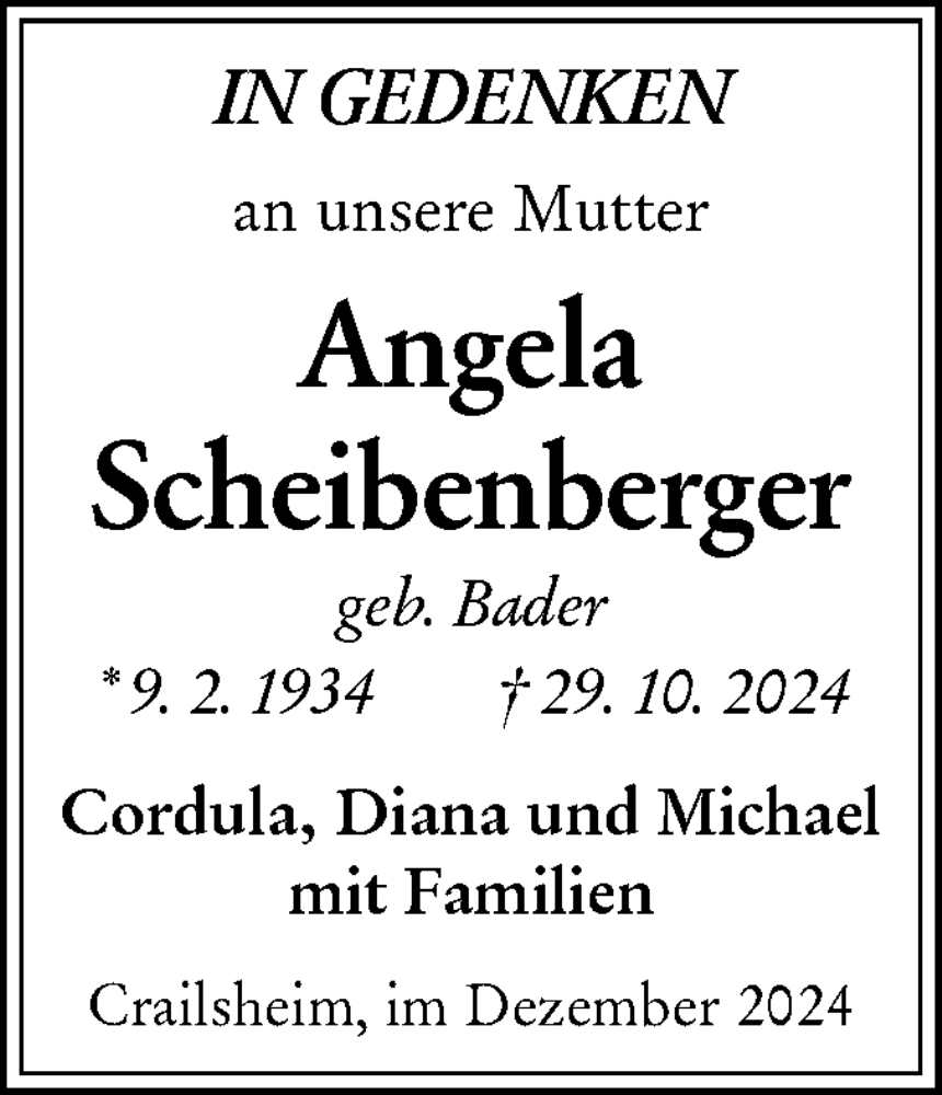  Traueranzeige für Angela Scheibenberger vom 21.12.2024 aus Hohenloher Tagblatt