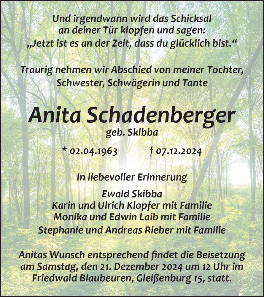  Traueranzeige für Anita Schadenberger vom 14.12.2024 aus SÜDWEST PRESSE Ausgabe Ulm/Neu-Ulm