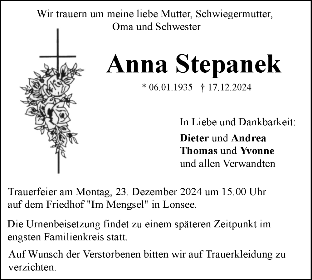  Traueranzeige für Anna Stepanek vom 20.12.2024 aus SÜDWEST PRESSE Ausgabe Ulm/Neu-Ulm