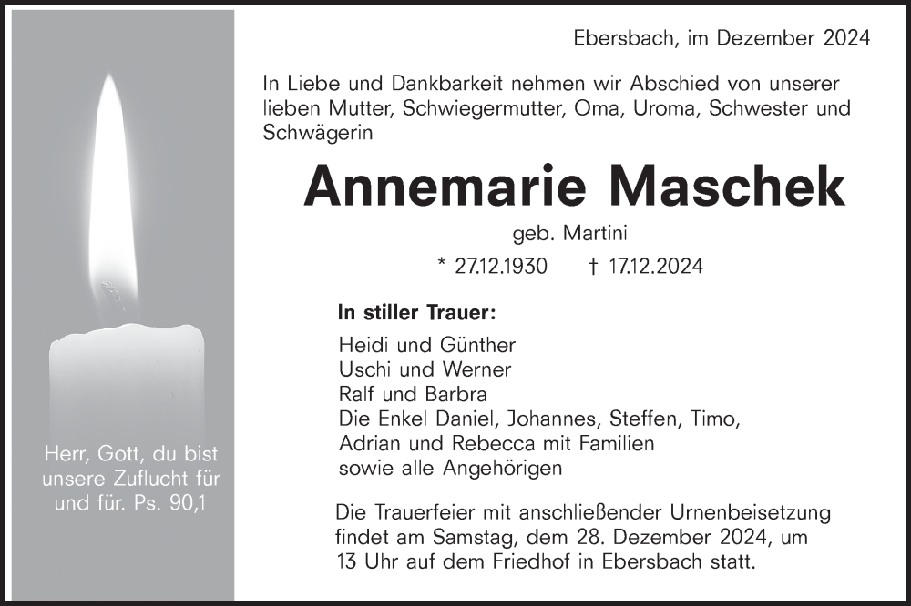  Traueranzeige für Annemarie Maschek vom 21.12.2024 aus NWZ Neue Württembergische Zeitung