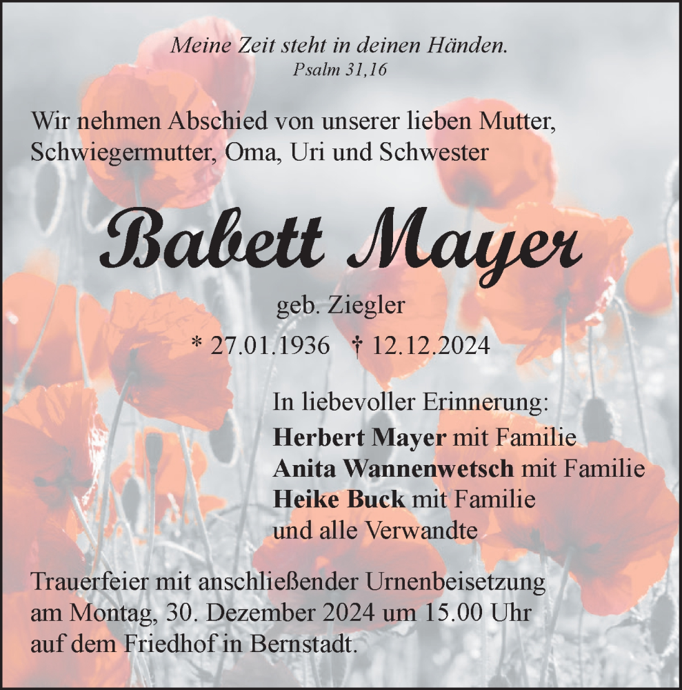 Traueranzeige für Babett Mayer vom 21.12.2024 aus SÜDWEST PRESSE Ausgabe Ulm/Neu-Ulm