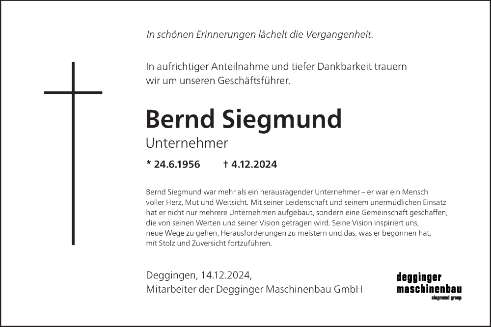  Traueranzeige für Bernd Siegmund vom 14.12.2024 aus NWZ Neue Württembergische Zeitung/Geislinger Zeitung