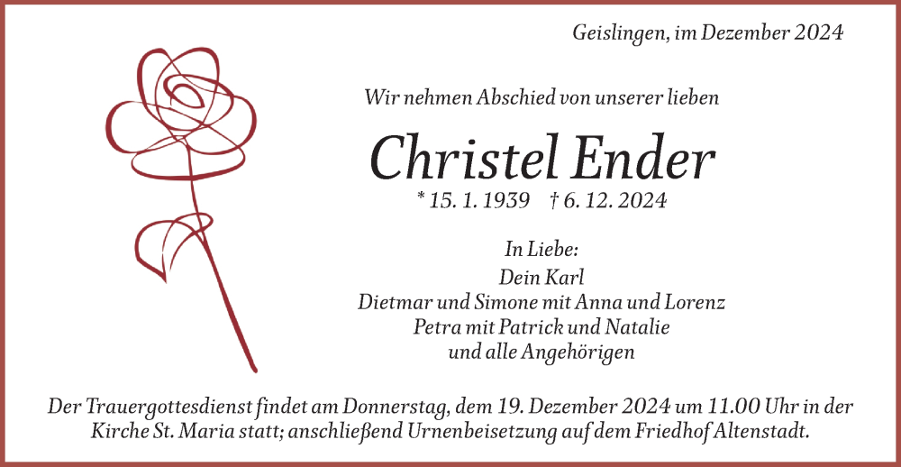  Traueranzeige für Christel Ender vom 14.12.2024 aus Geislinger Zeitung