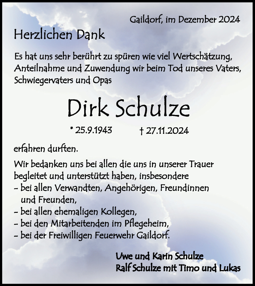  Traueranzeige für Dirk Schulze vom 21.12.2024 aus Rundschau Gaildorf