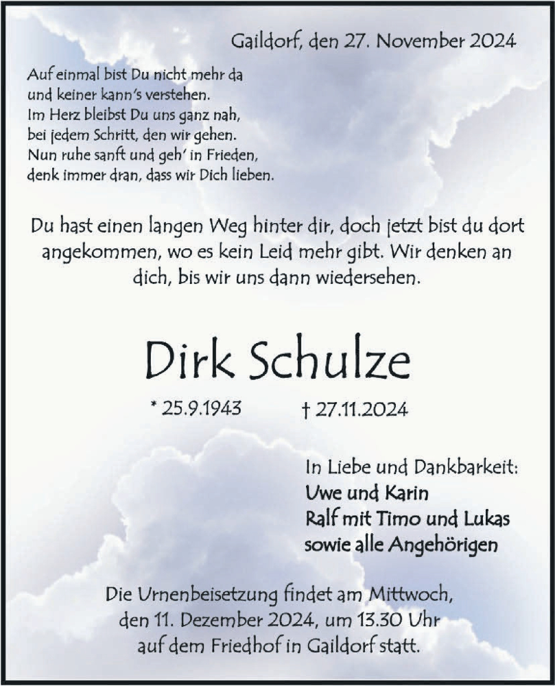  Traueranzeige für Dirk Schulze vom 09.12.2024 aus Rundschau Gaildorf