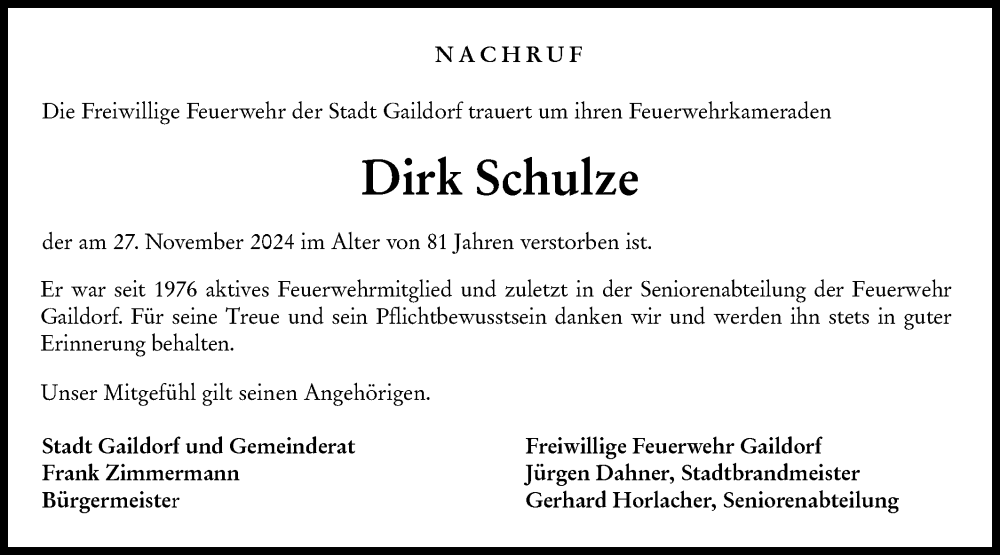  Traueranzeige für Dirk Schulze vom 10.12.2024 aus Rundschau Gaildorf