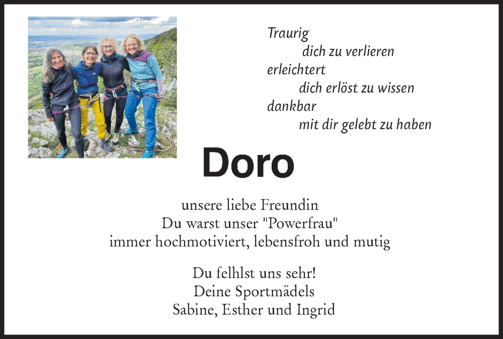  Traueranzeige für Doro  vom 21.12.2024 aus Schwäbische Tagblatt