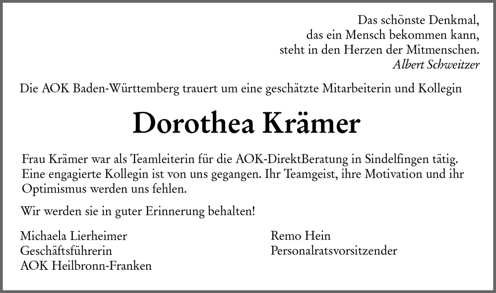  Traueranzeige für Dorothea Krämer vom 21.12.2024 aus Schwäbische Tagblatt