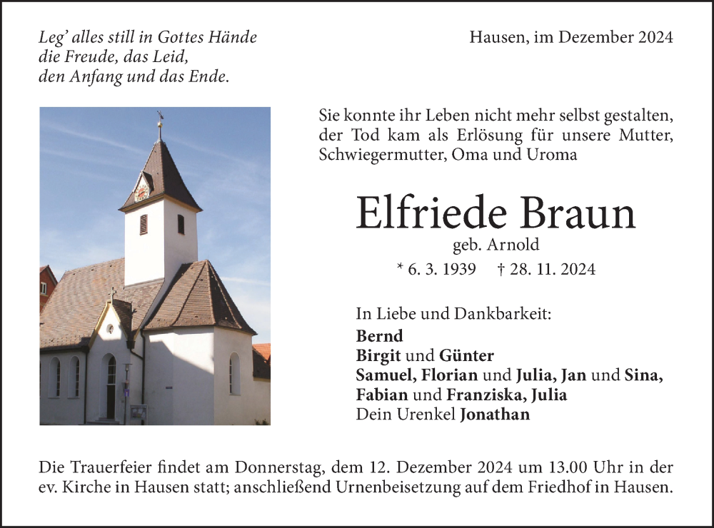  Traueranzeige für Elfriede Braun vom 09.12.2024 aus Geislinger Zeitung