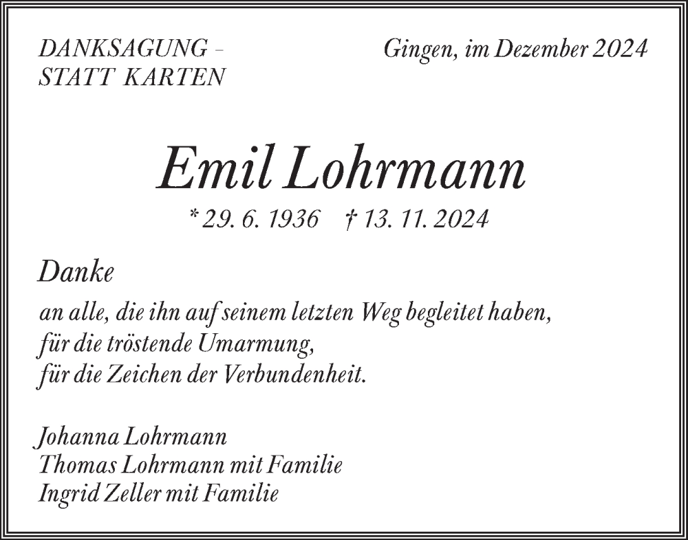 Traueranzeige für Emil Lohrmann vom 21.12.2024 aus Geislinger Zeitung