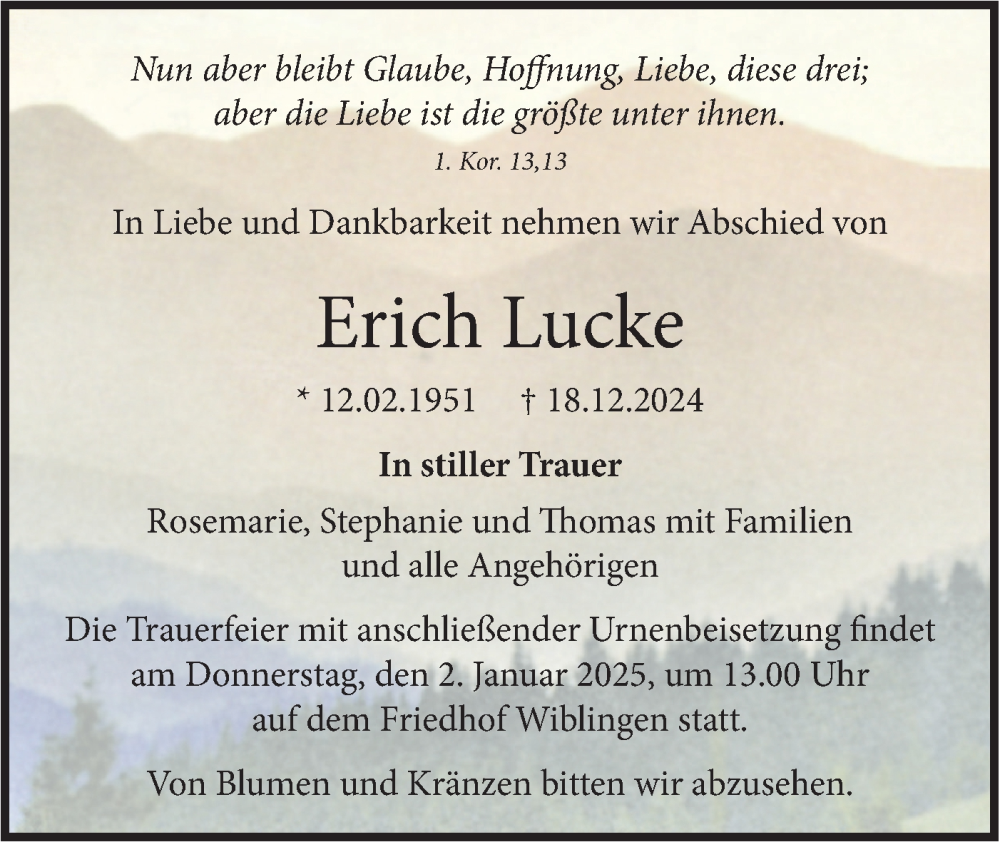  Traueranzeige für Erich Lucke vom 21.12.2024 aus SÜDWEST PRESSE Ausgabe Ulm/Neu-Ulm