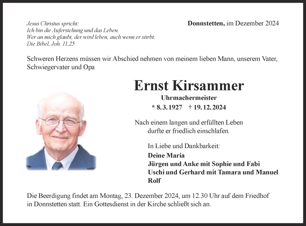  Traueranzeige für Ernst Kirsammer vom 21.12.2024 aus Alb-Bote/Metzinger-Uracher Volksblatt