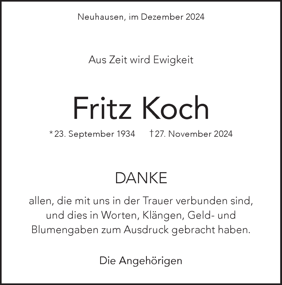  Traueranzeige für Fritz Koch vom 18.12.2024 aus Alb-Bote/Metzinger-Uracher Volksblatt