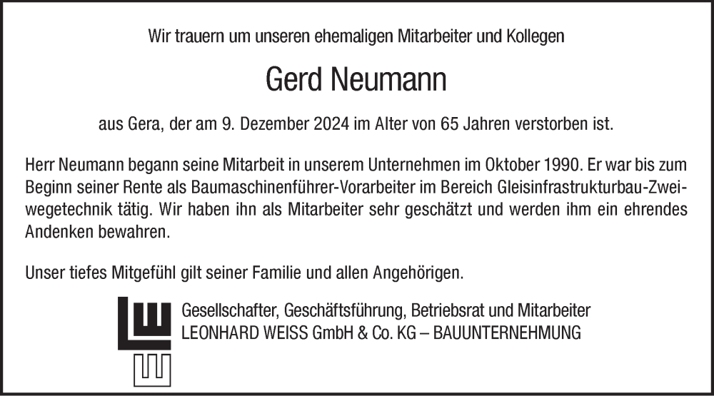 Traueranzeige für Gerd Neumann vom 20.12.2024 aus NWZ Neue Württembergische Zeitung