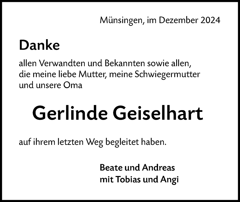  Traueranzeige für Gerlinde Geiselhart vom 21.12.2024 aus Alb-Bote/Metzinger-Uracher Volksblatt