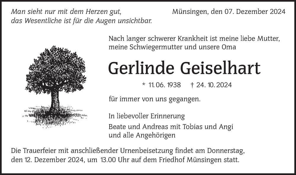  Traueranzeige für Gerlinde Geiselhart vom 07.12.2024 aus Alb-Bote/Metzinger-Uracher Volksblatt