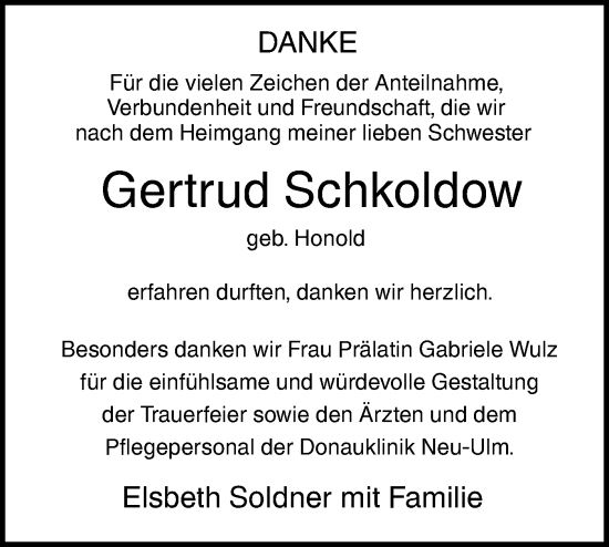 Traueranzeige von Gertrud Schkoldow von SÜDWEST PRESSE Ausgabe Ulm/Neu-Ulm