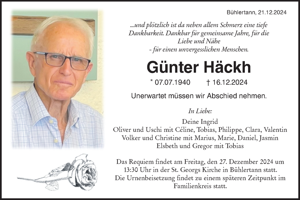  Traueranzeige für Günter Häckh vom 21.12.2024 aus Haller Tagblatt