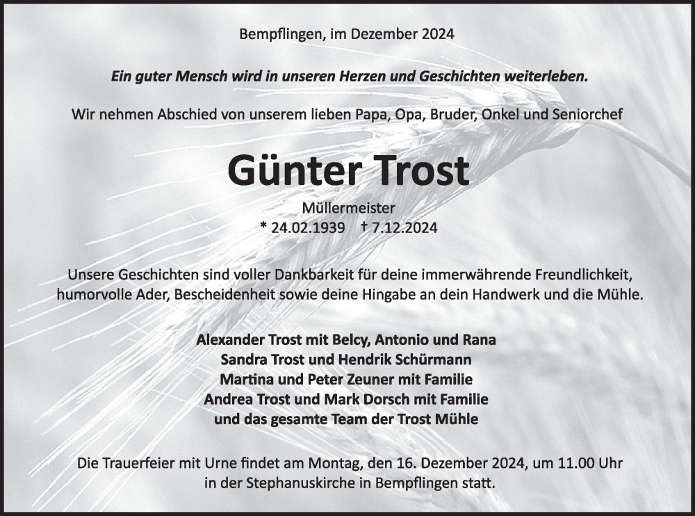  Traueranzeige für Günter Trost vom 11.12.2024 aus Alb-Bote/Metzinger-Uracher Volksblatt