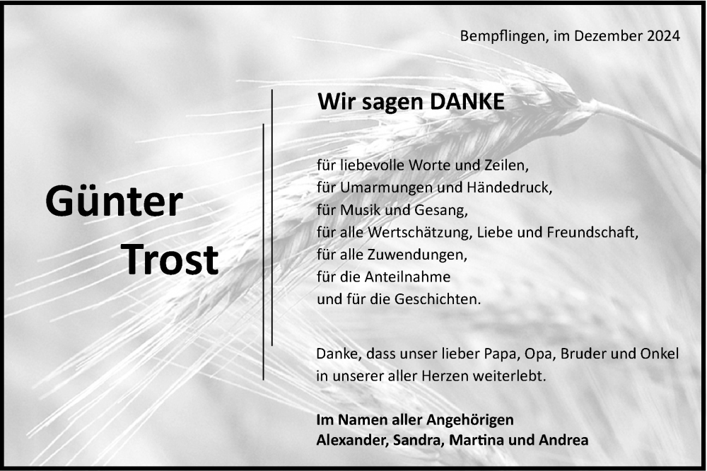  Traueranzeige für Günter Trost vom 21.12.2024 aus Alb-Bote/Metzinger-Uracher Volksblatt