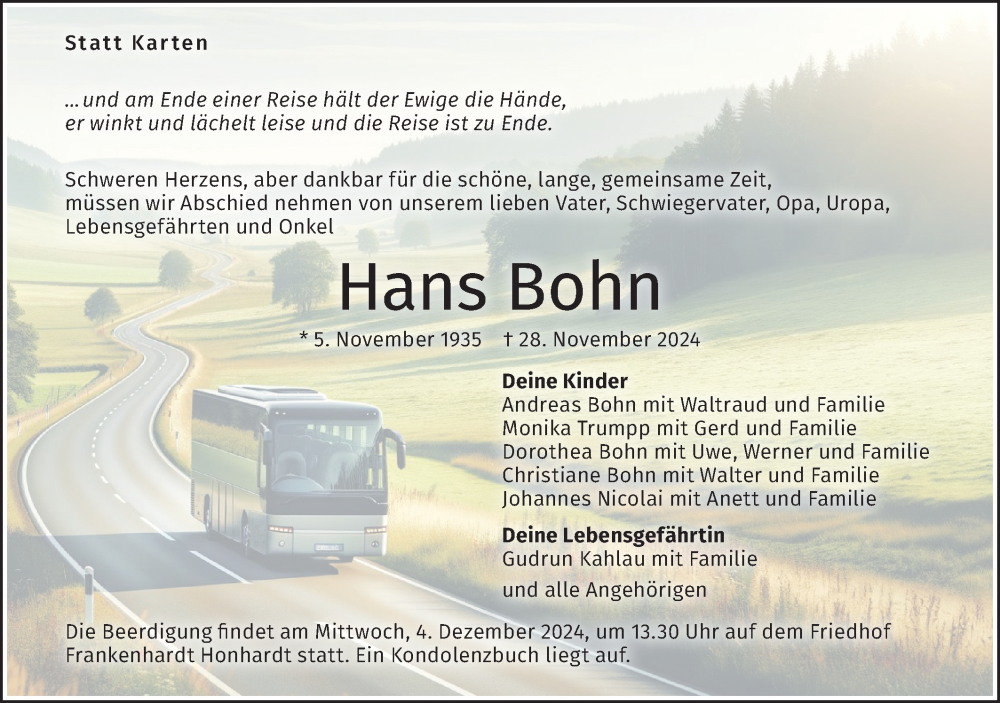  Traueranzeige für Hans Bohn vom 02.12.2024 aus Hohenloher Tagblatt