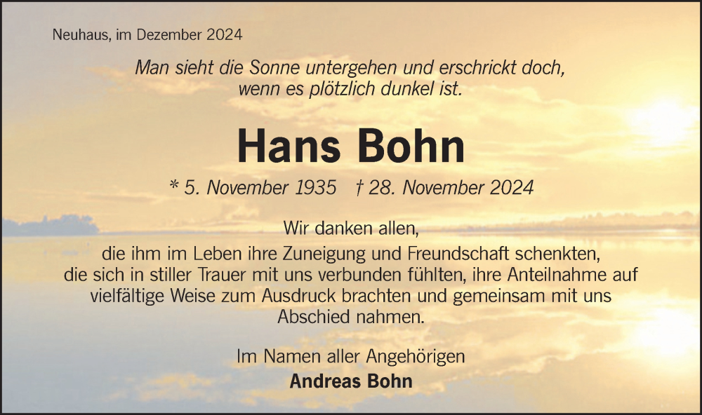  Traueranzeige für Hans Bohn vom 21.12.2024 aus Hohenloher Tagblatt