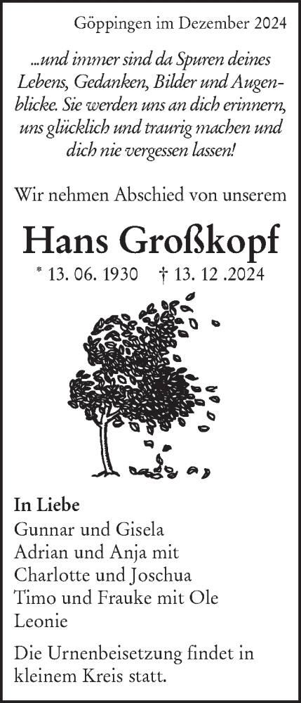 Traueranzeige für Hans Großkopf vom 21.12.2024 aus NWZ Neue Württembergische Zeitung