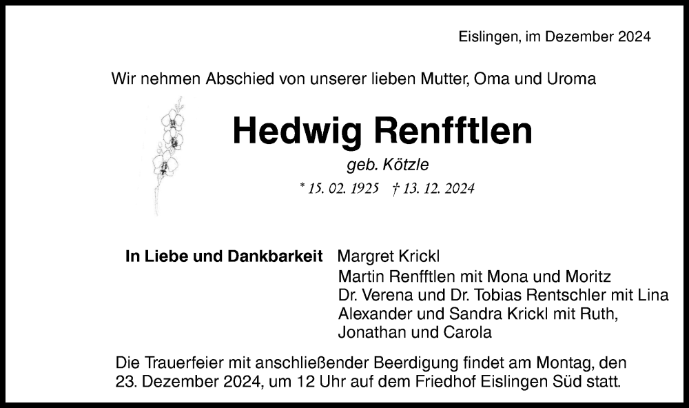 Traueranzeige für Hedwig Renfftlen vom 18.12.2024 aus NWZ Neue Württembergische Zeitung