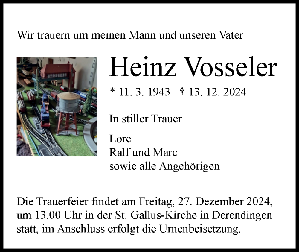  Traueranzeige für Heinz Vosseler vom 20.12.2024 aus Schwäbische Tagblatt