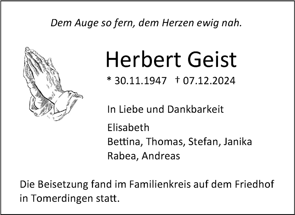  Traueranzeige für Herbert Geist vom 19.12.2024 aus SÜDWEST PRESSE Ausgabe Ulm/Neu-Ulm