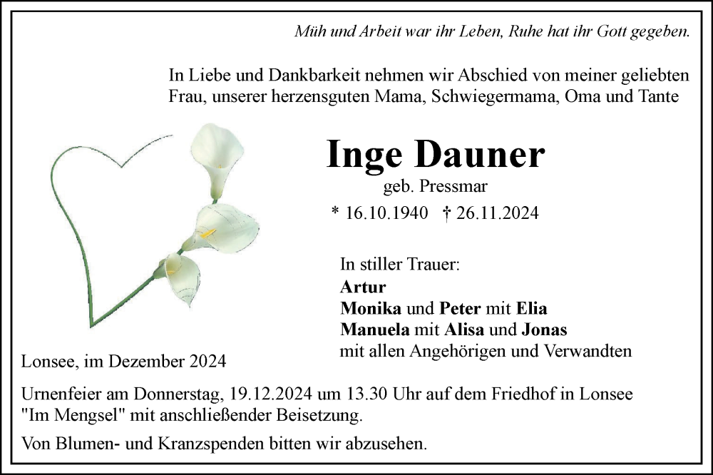  Traueranzeige für Inge Dauner vom 14.12.2024 aus SÜDWEST PRESSE Ausgabe Ulm/Neu-Ulm