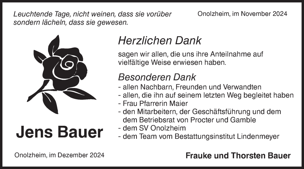  Traueranzeige für Jens Bauer vom 21.12.2024 aus Hohenloher Tagblatt