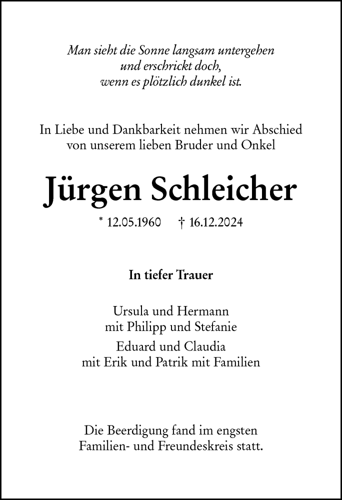 Traueranzeige für Jürgen Schleicher vom 21.12.2024 aus SÜDWEST PRESSE Ausgabe Ulm/Neu-Ulm