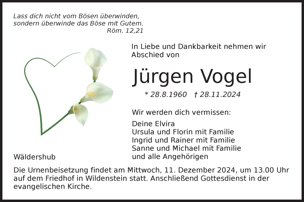  Traueranzeige für Jürgen Vogel vom 07.12.2024 aus Hohenloher Tagblatt
