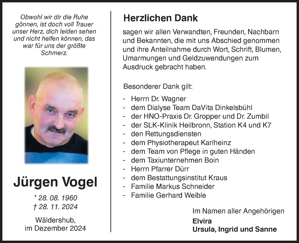  Traueranzeige für Jürgen Vogel vom 21.12.2024 aus Hohenloher Tagblatt